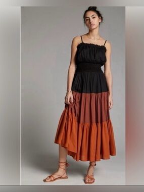 Anthropologie Black Tiered Maxi Dress with Brown and Rust Panels